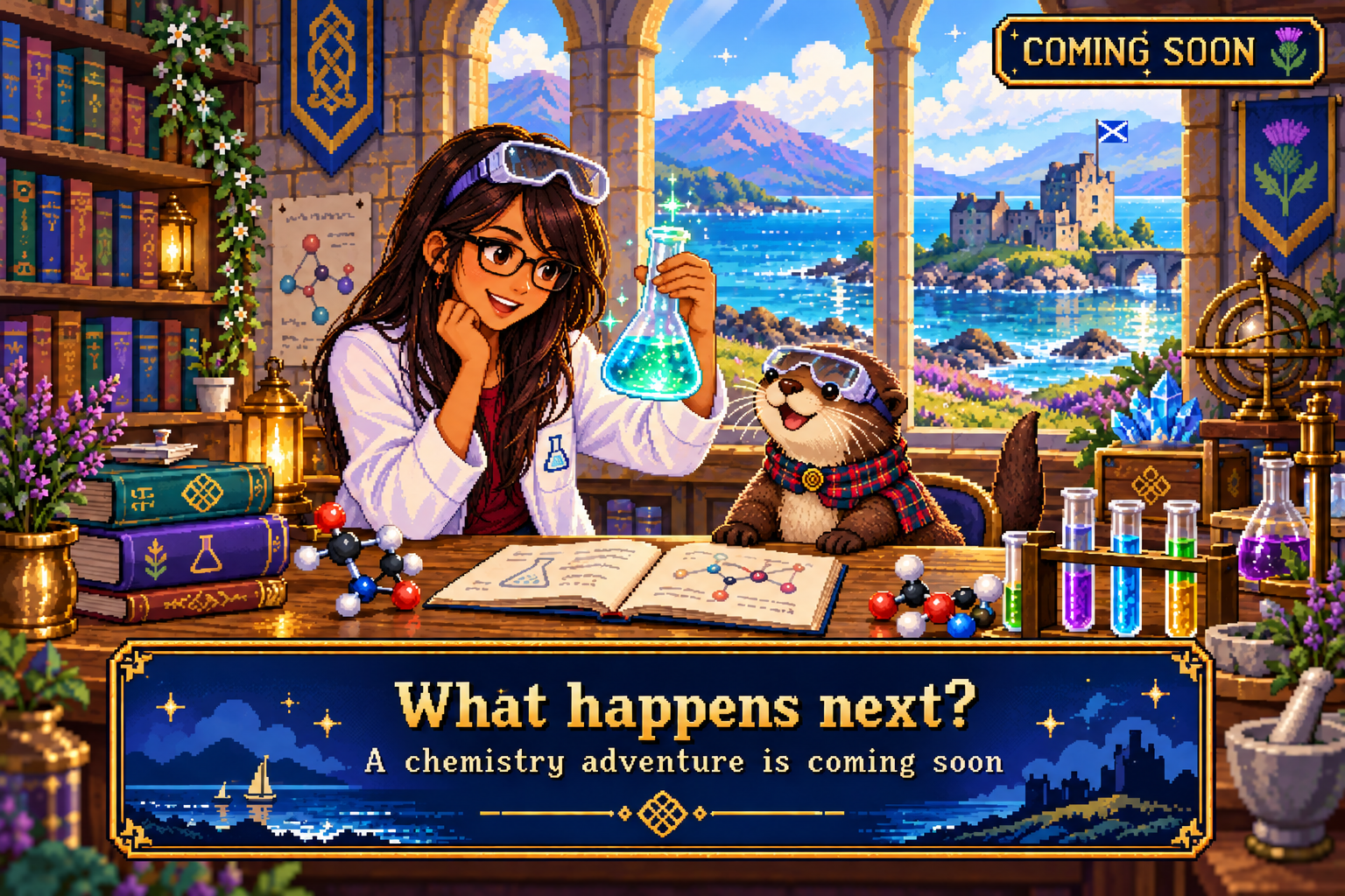 Erin and her Scottish sea otter exploring chemistry in a magical Scottish lab