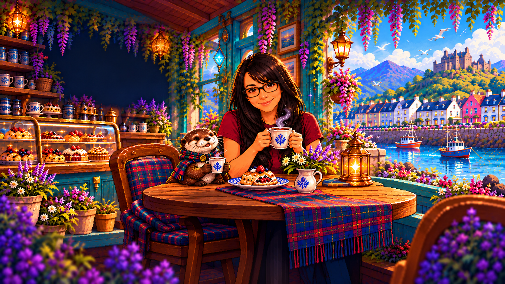 Illustration of Erin Smith seated with a small magical Scottish sea otter in a colorful seaside coffee shop